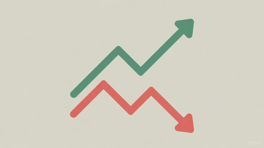 Dos flechas que indican tendencia en bolsa tanto alcista como bajista